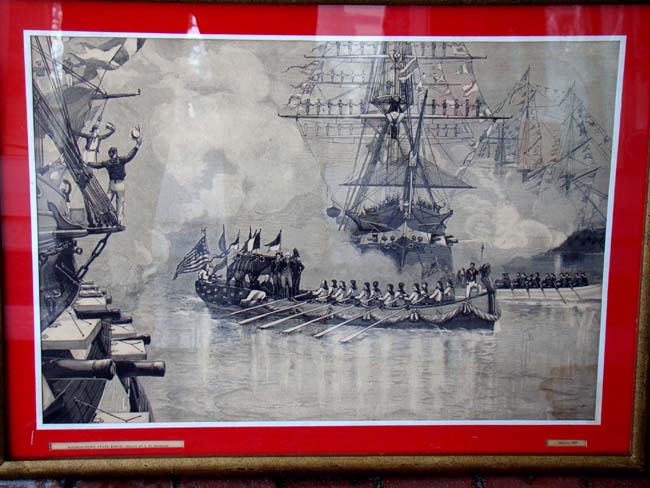 A depiction of George Washington's  barge on its way to his Inauguration in Manhattan on April 23, 1789